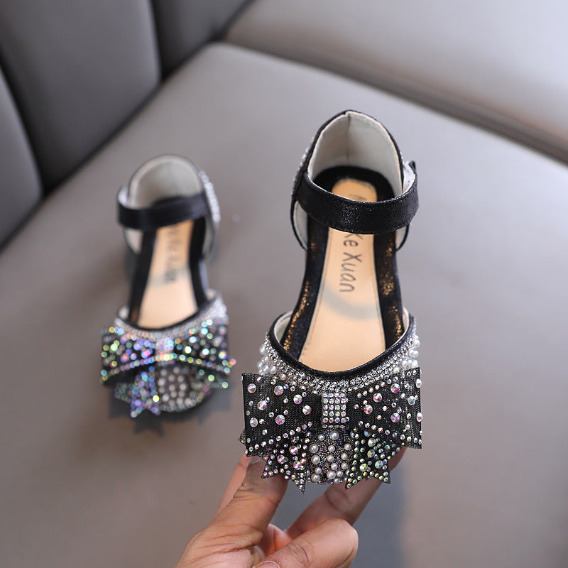 Korean style girl princess casual performance leather shoes with rhinestone bow, black artificial leather.