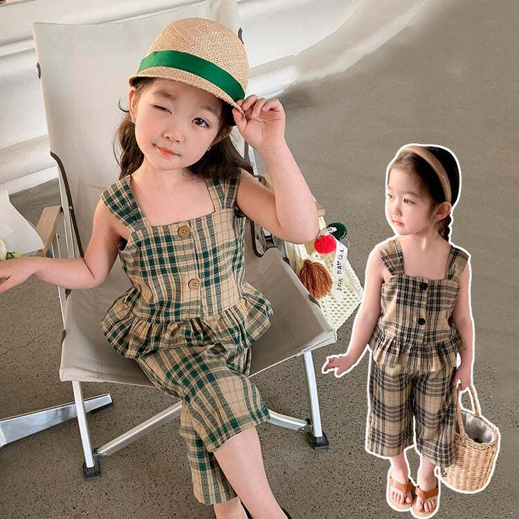 Girls Casual Cute Plaid Vest Cropped Top Knee Pants Set