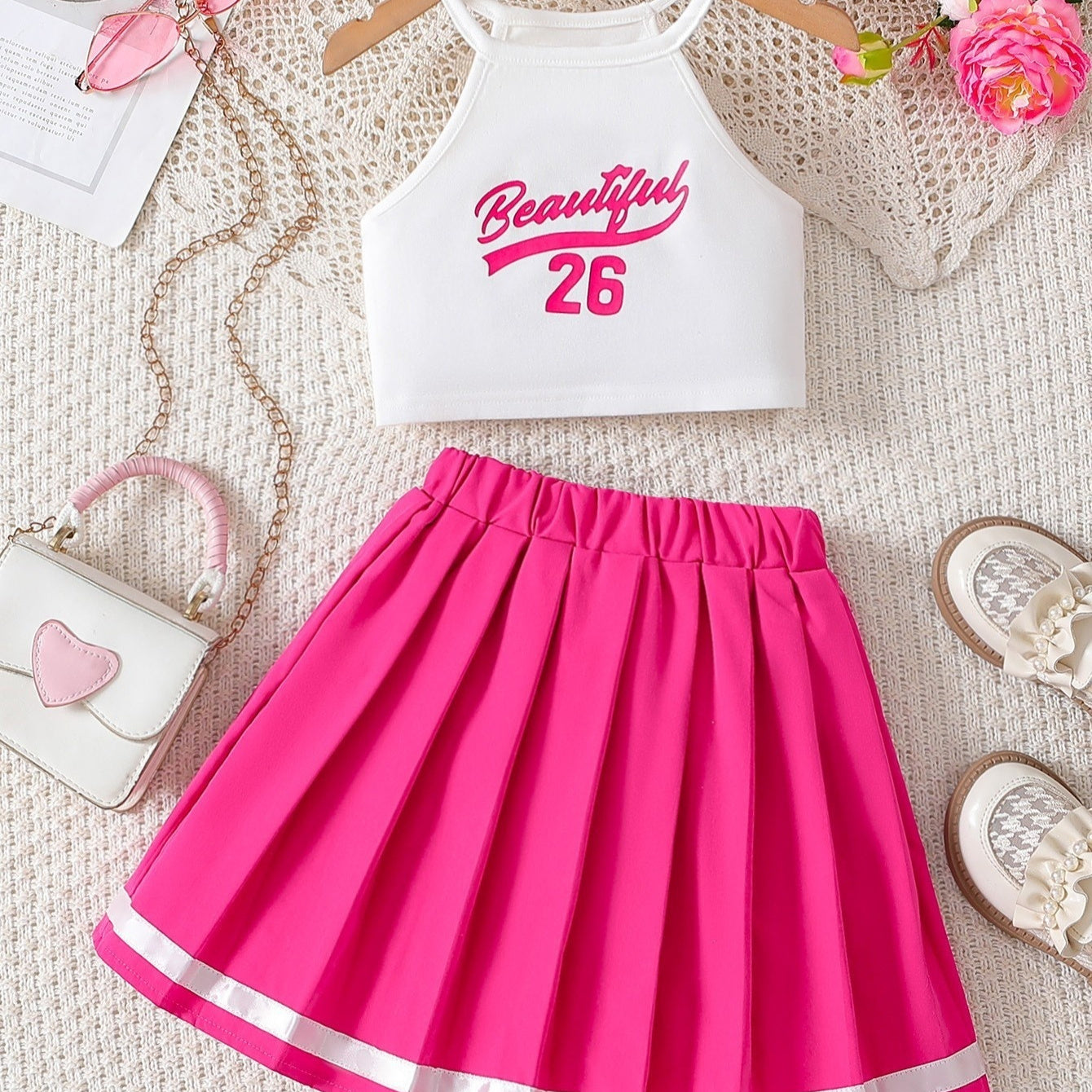 Girls Cheer Beautiful Halter Top With Pleated Skirt