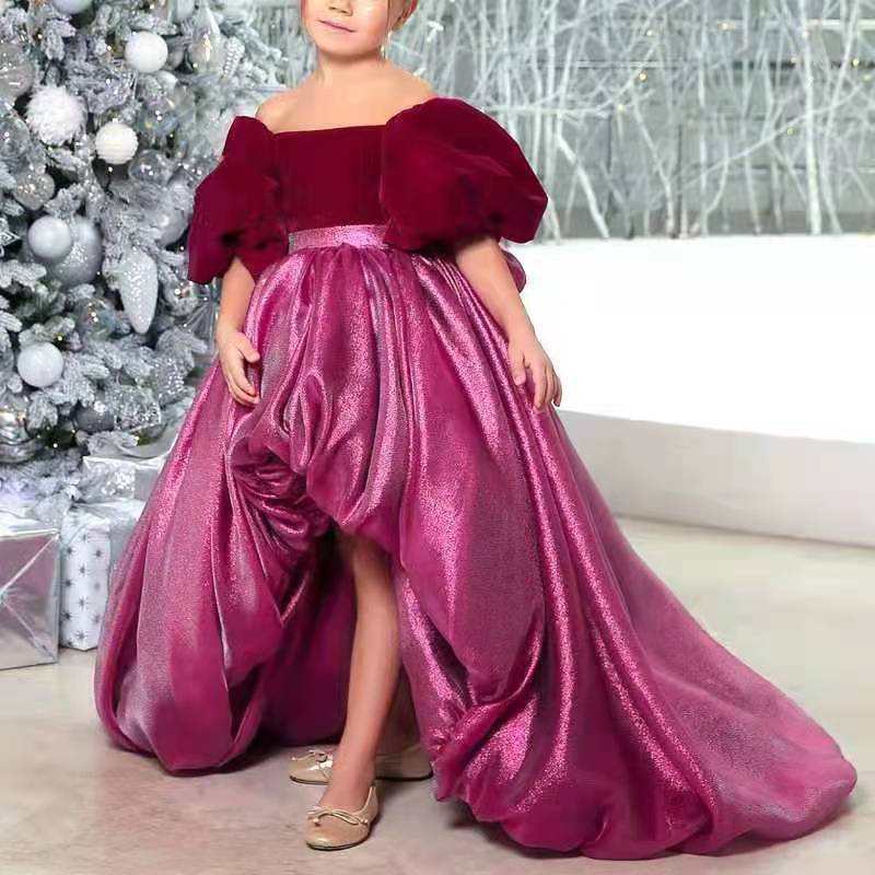 Girl's Rose Red Bridal Party Bow Trailing Princess Dress
