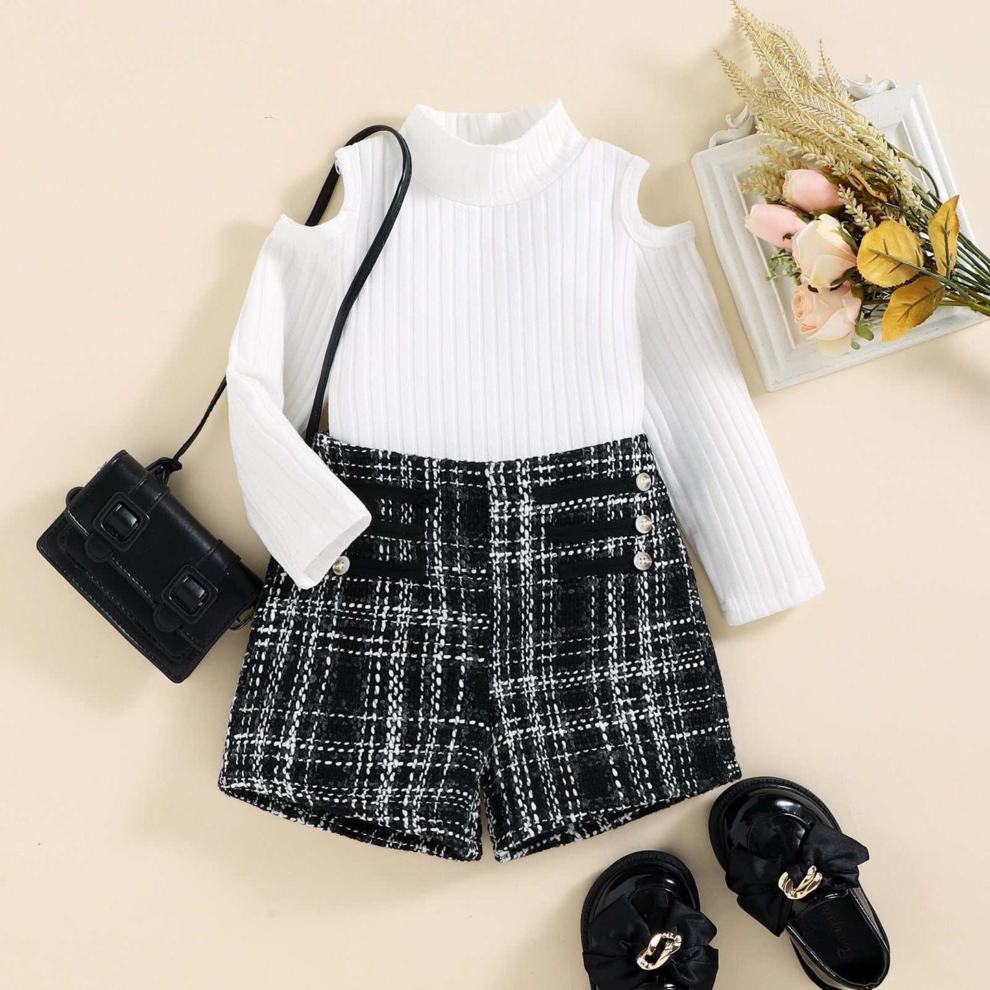 Big Girls Off-the-shoulder Top Tweed Plaid Classic Style Shorts Suit