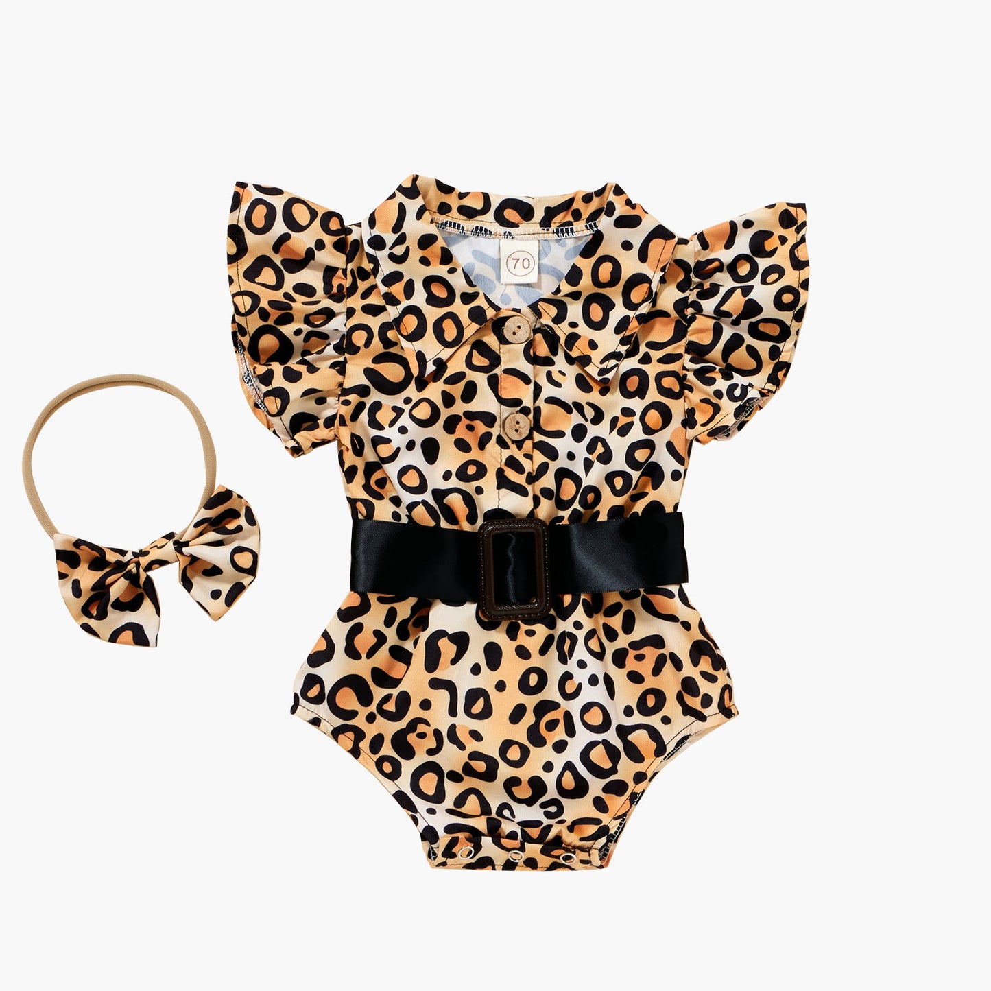 Baby leopard print one-piece romper with headband, short sleeves, cotton fabric.