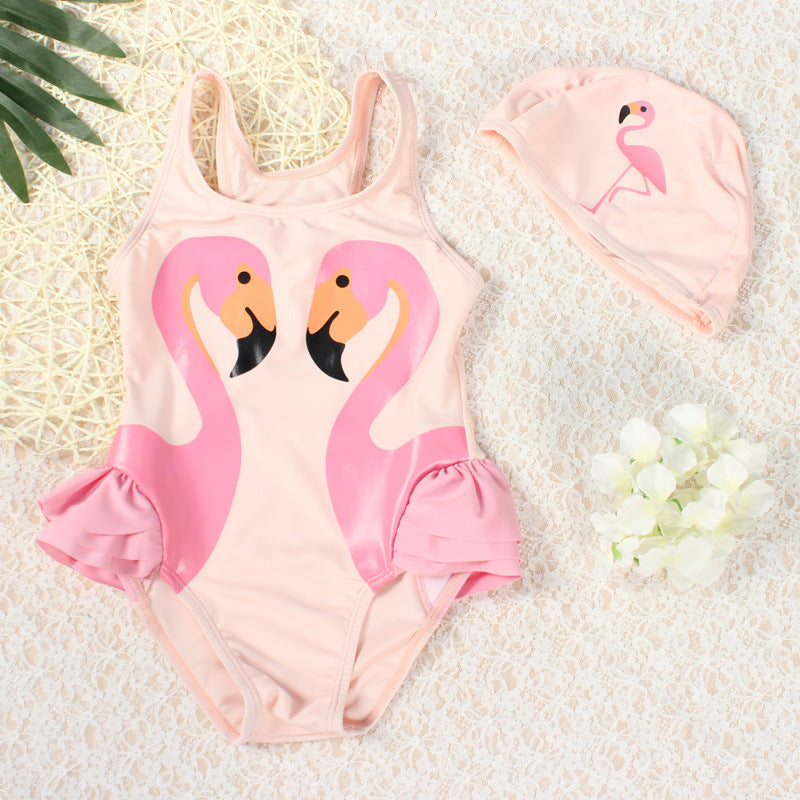 Girls Flamingo One-piece Swimsuit with swim cap