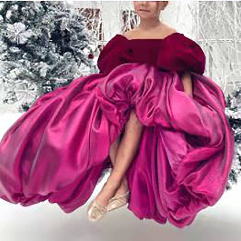 Girl's Rose Red Bridal Party Bow Trailing Princess Dress