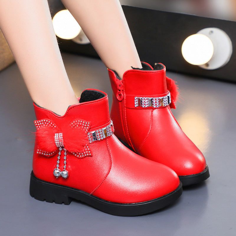 Children's Fashion BowKnot Shiny Leather Boots in red with side zipper and decorative bow.