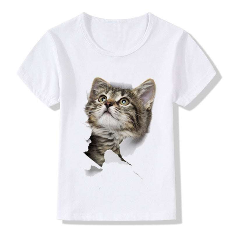 Children's casual short-sleeved T-shirt with 3D printed cat design.