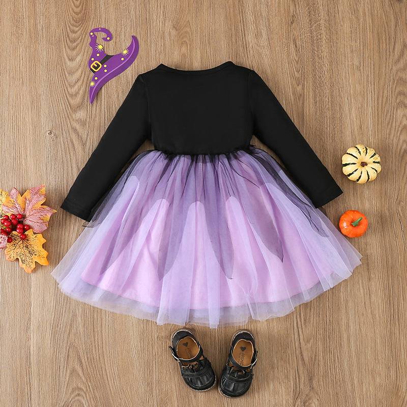 Girls Cute Spooky Halloween Witch Theme Trendy Long Sleeve Dress
