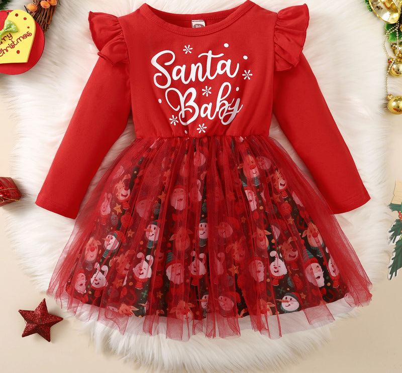 Christmas Snowflake Long Sleeve Letter Mesh Fluffy Stitching Dress