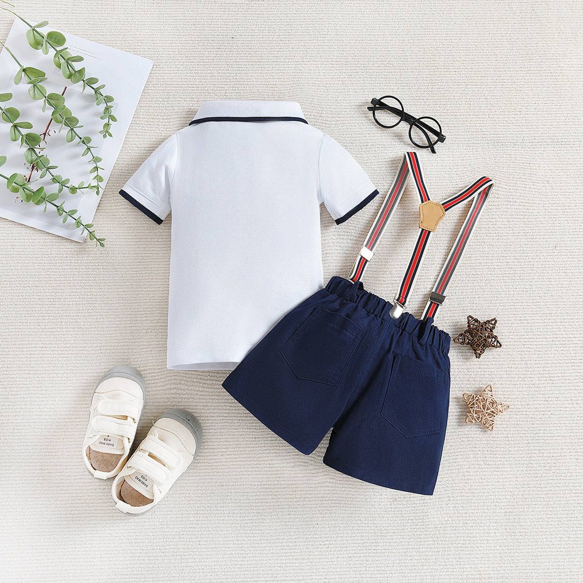 Children's Casual Summer Collar Top Suspender Shorts Set