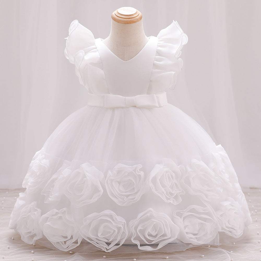 Girls Vested Sleeve Solid Color Princess Pageant Dress