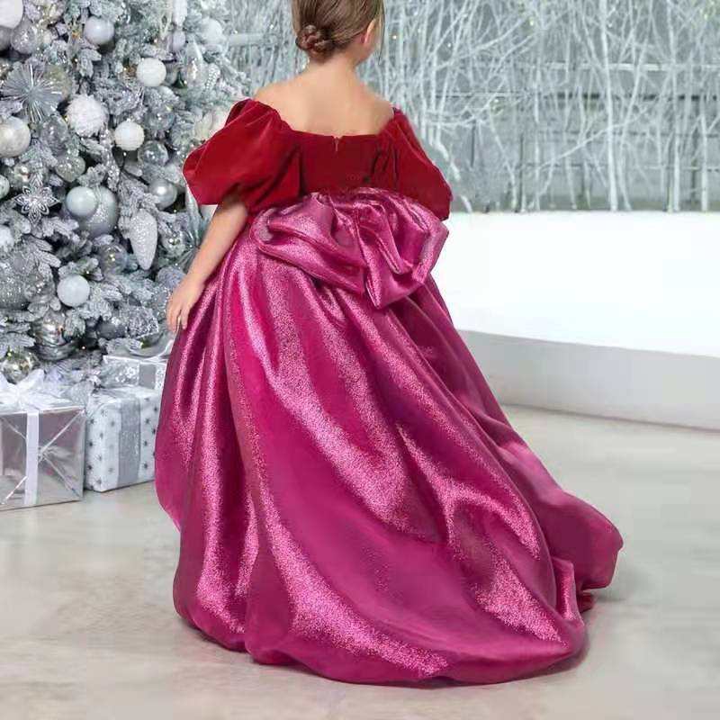 Girl's Rose Red Bridal Party Bow Trailing Princess Dress