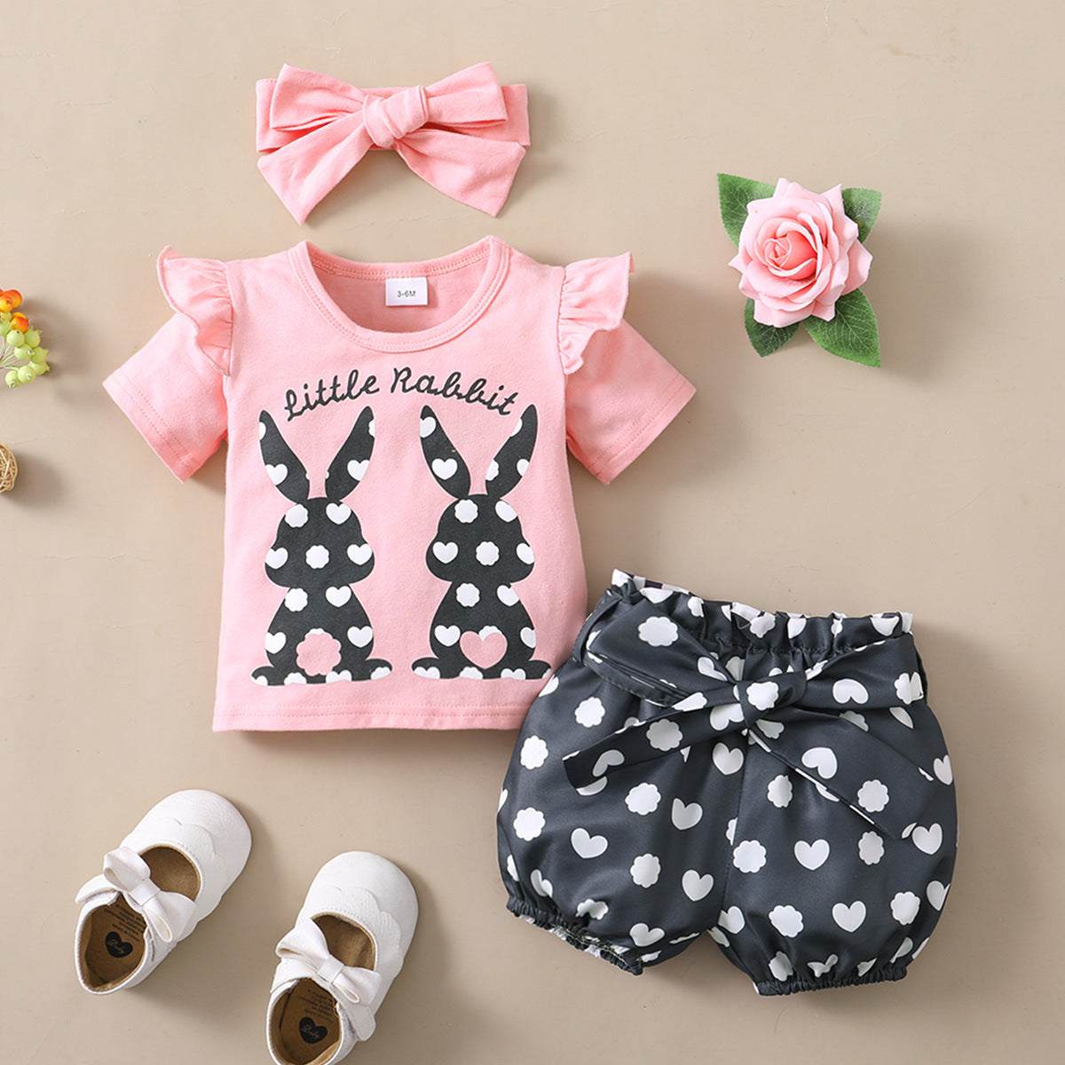 Girls Rabbit Printed Short-sleeved Top Polka Dot Shorts with Bow