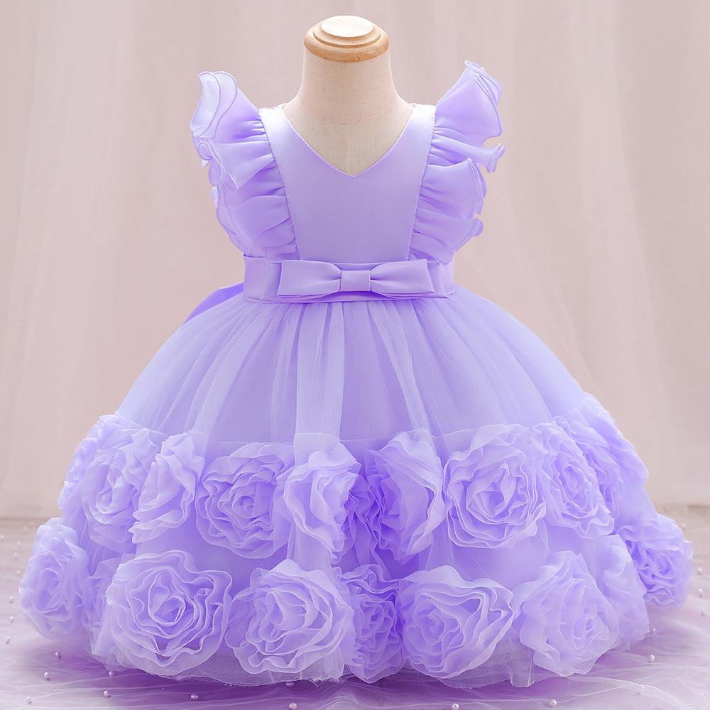 Girls Vested Sleeve Solid Color Princess Pageant Dress