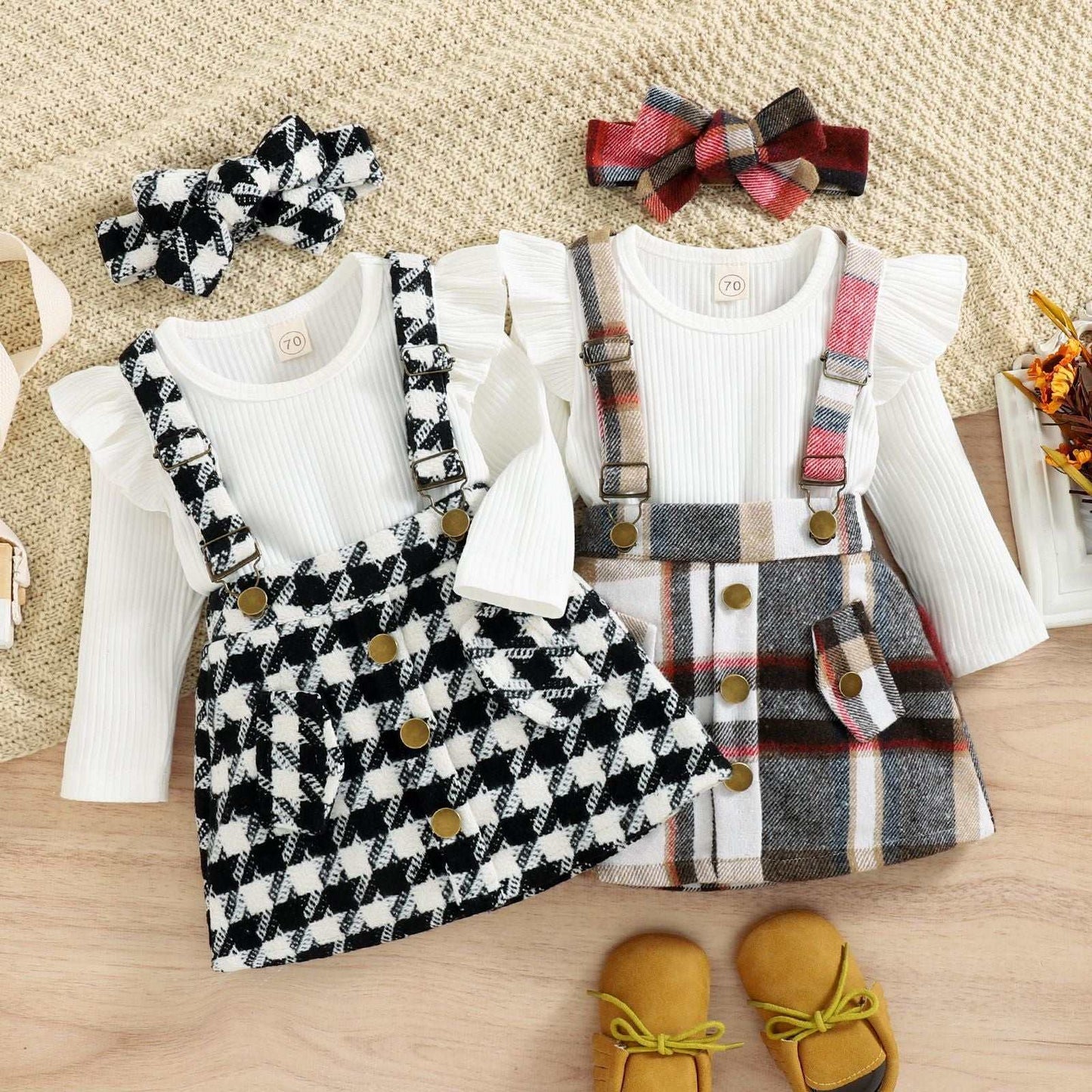 Girls pattern overalls with long sleeve ruffle shirt in black and red plaid, cotton fabric, winter-autumn fashion.