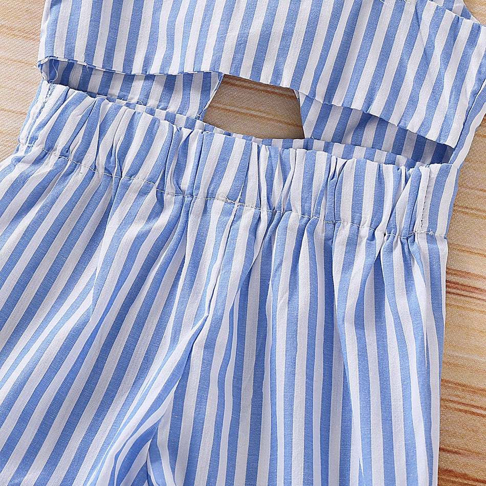 Girls Cute Striped All Over Jumpsuit With Bow Overalls