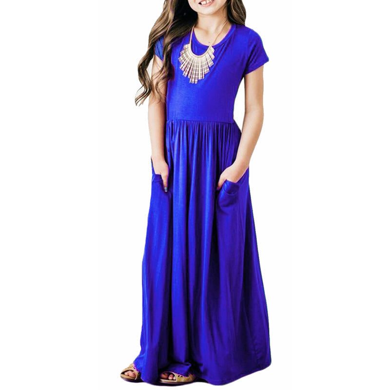 Girls Comfortable Short Sleeve Solid Color Dress with Pockets