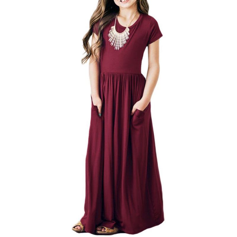 Girls Comfortable Short Sleeve Solid Color Dress with Pockets