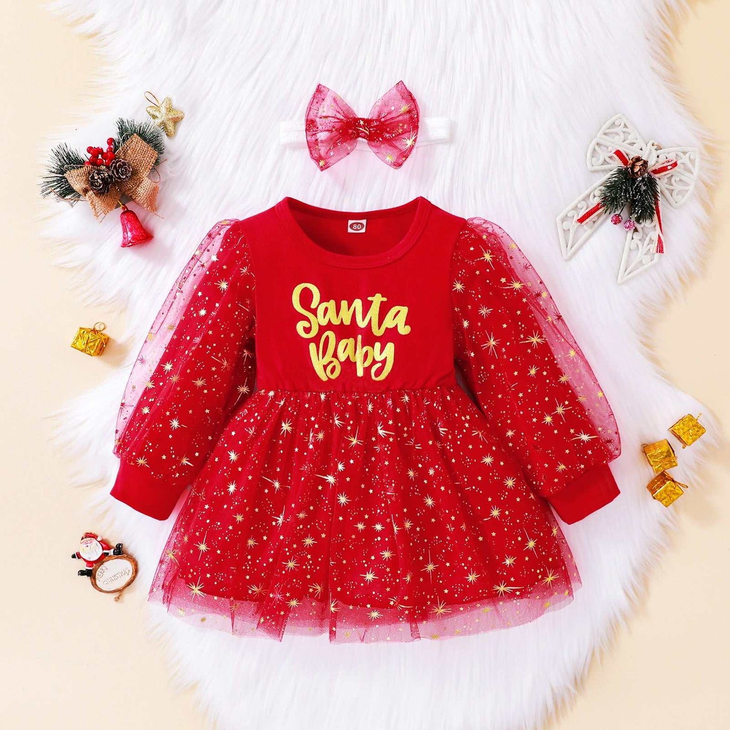 Santa Letter Printed Mesh Puff Long sleeve Dress with Bow
