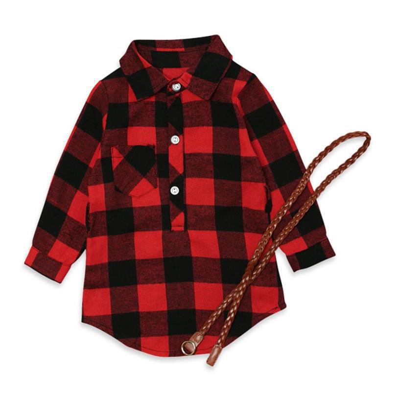 Girls Long Sleeve Red Plaid Dress With Belt