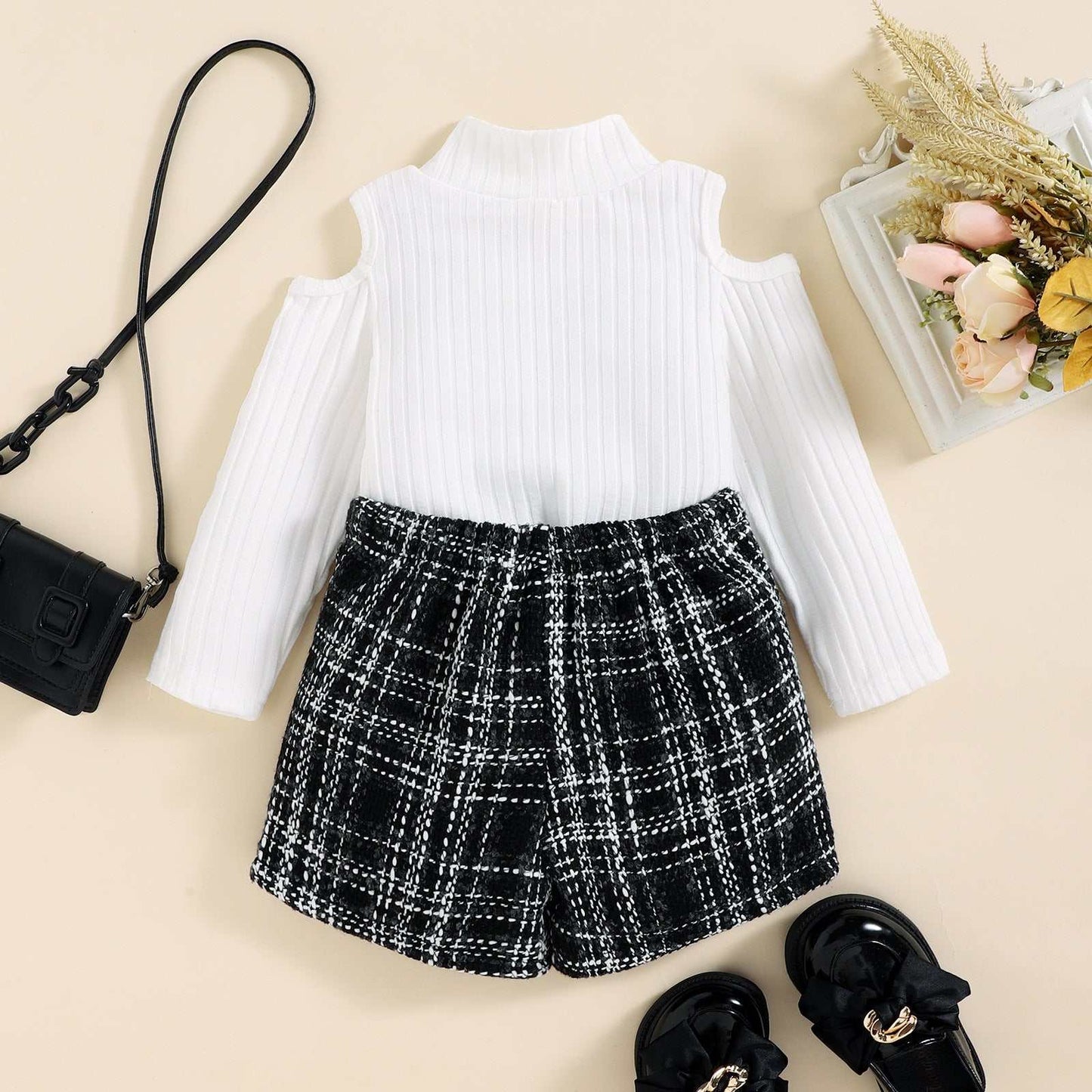 Big Girls Off-the-shoulder Top Tweed Plaid Classic Style Shorts Suit