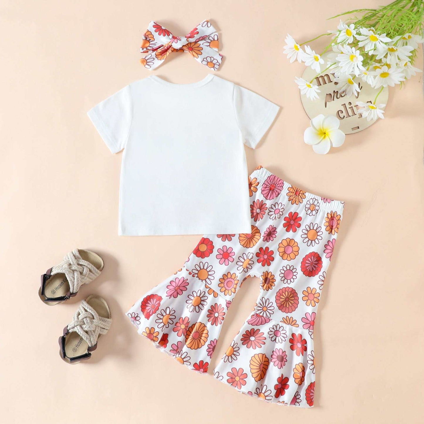 Girls Stay Groovy T-shirt With Floral Bell Bottom Pants