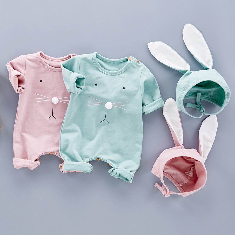 Newborn baby Bunny 2pc Set with pink and mint green cotton outfits and matching bunny ear hats.