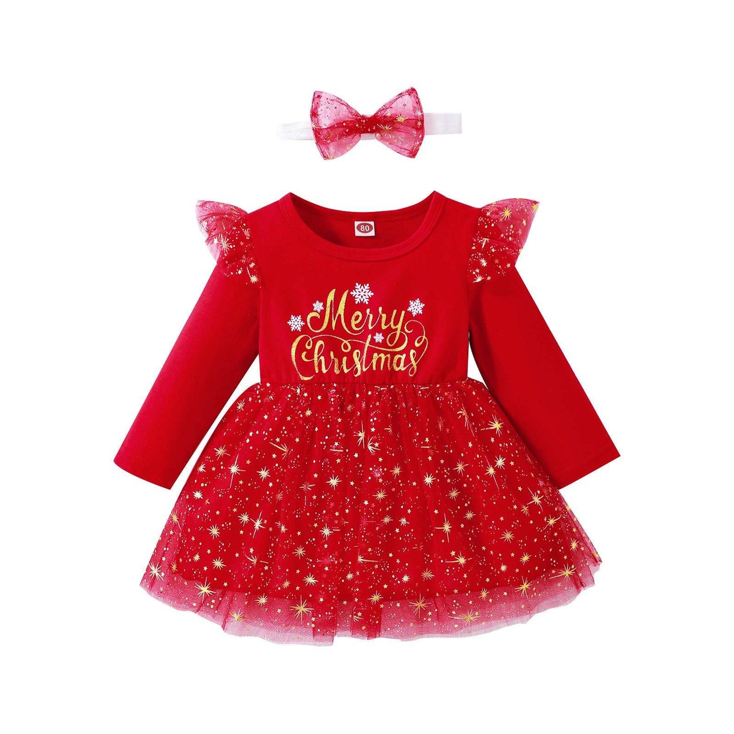 Santa Letter Printed Mesh Puff Long sleeve Dress with Bow
