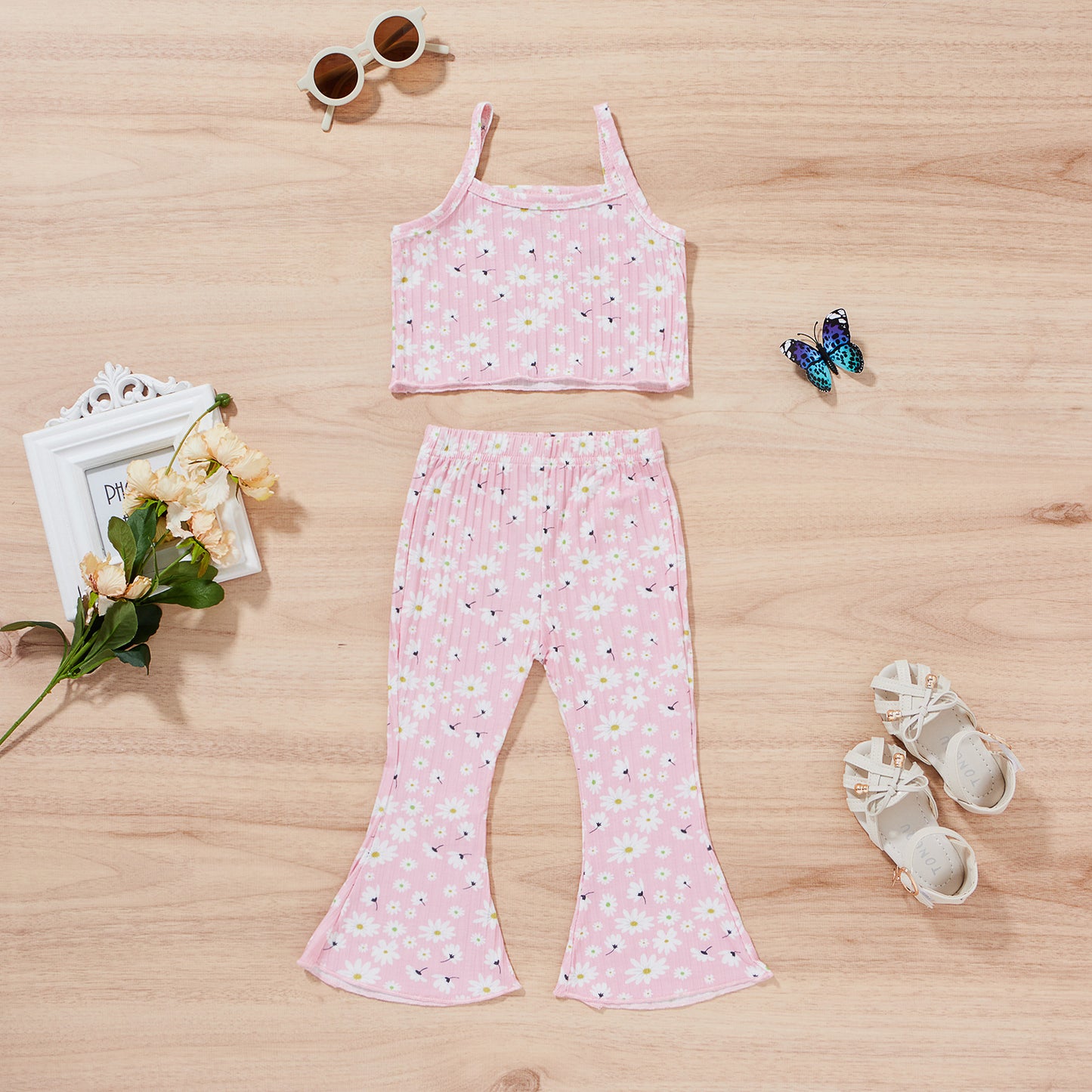 Floral Strap Tank Top with Bell-bottom Pants Set
