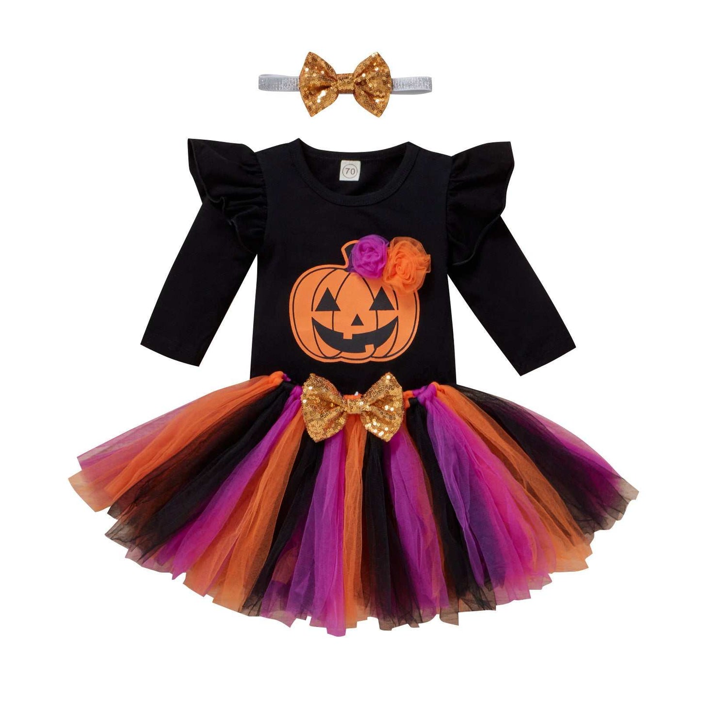Halloween Printed Smiley Face Pumpkin Mesh Skirt Three-piece Set