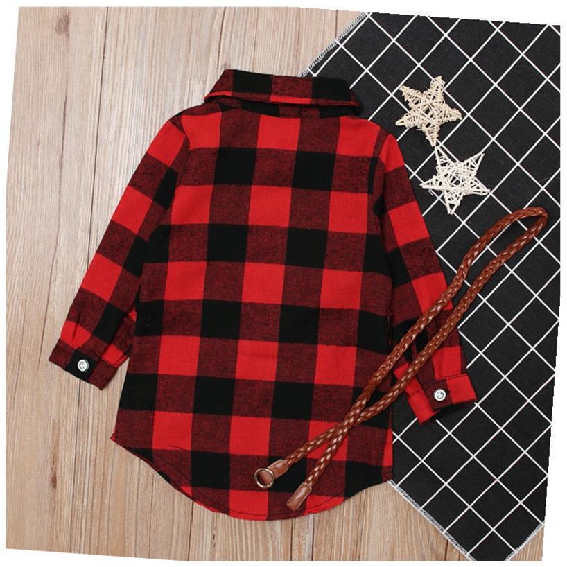 Girls Long Sleeve Red Plaid Dress With Belt