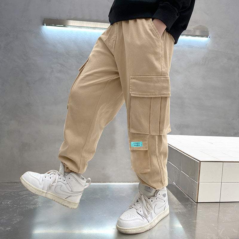 Autumn Multi-Pocket Cotton Solid Colored Loose Boys' Pants