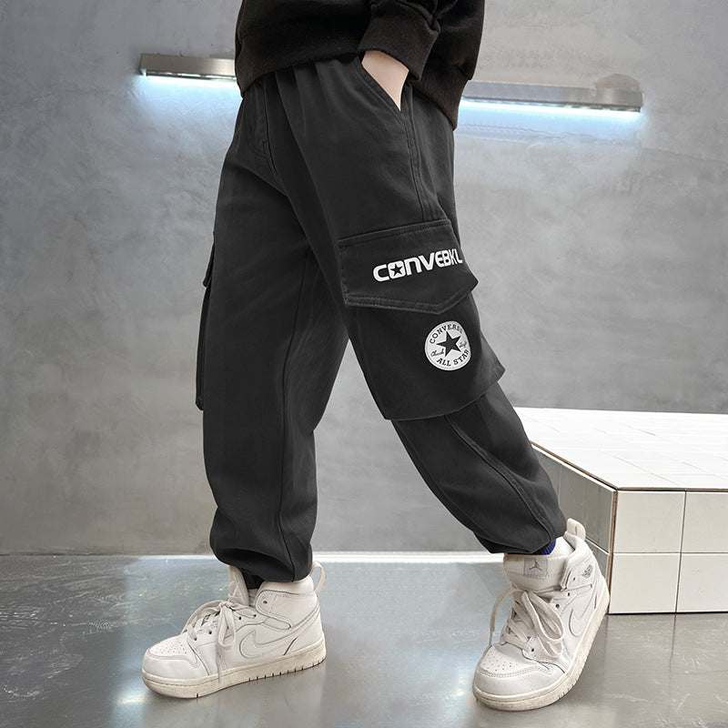 Autumn Multi-Pocket Cotton Solid Colored Loose Boys' Pants