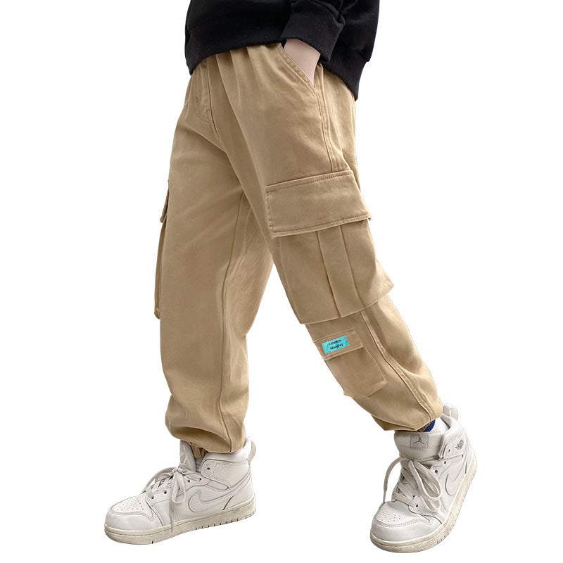 Autumn Multi-Pocket Cotton Solid Colored Loose Boys' Pants