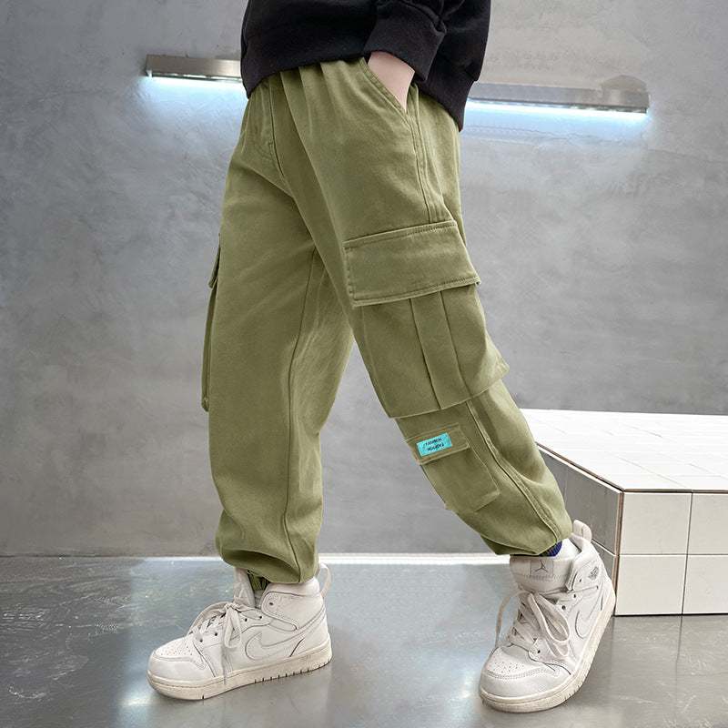 Autumn Multi-Pocket Cotton Solid Colored Loose Boys' Pants