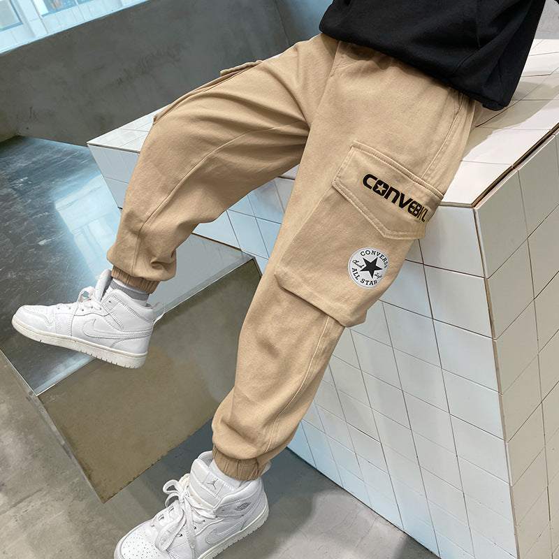 Autumn Multi-Pocket Cotton Solid Colored Loose Boys' Pants