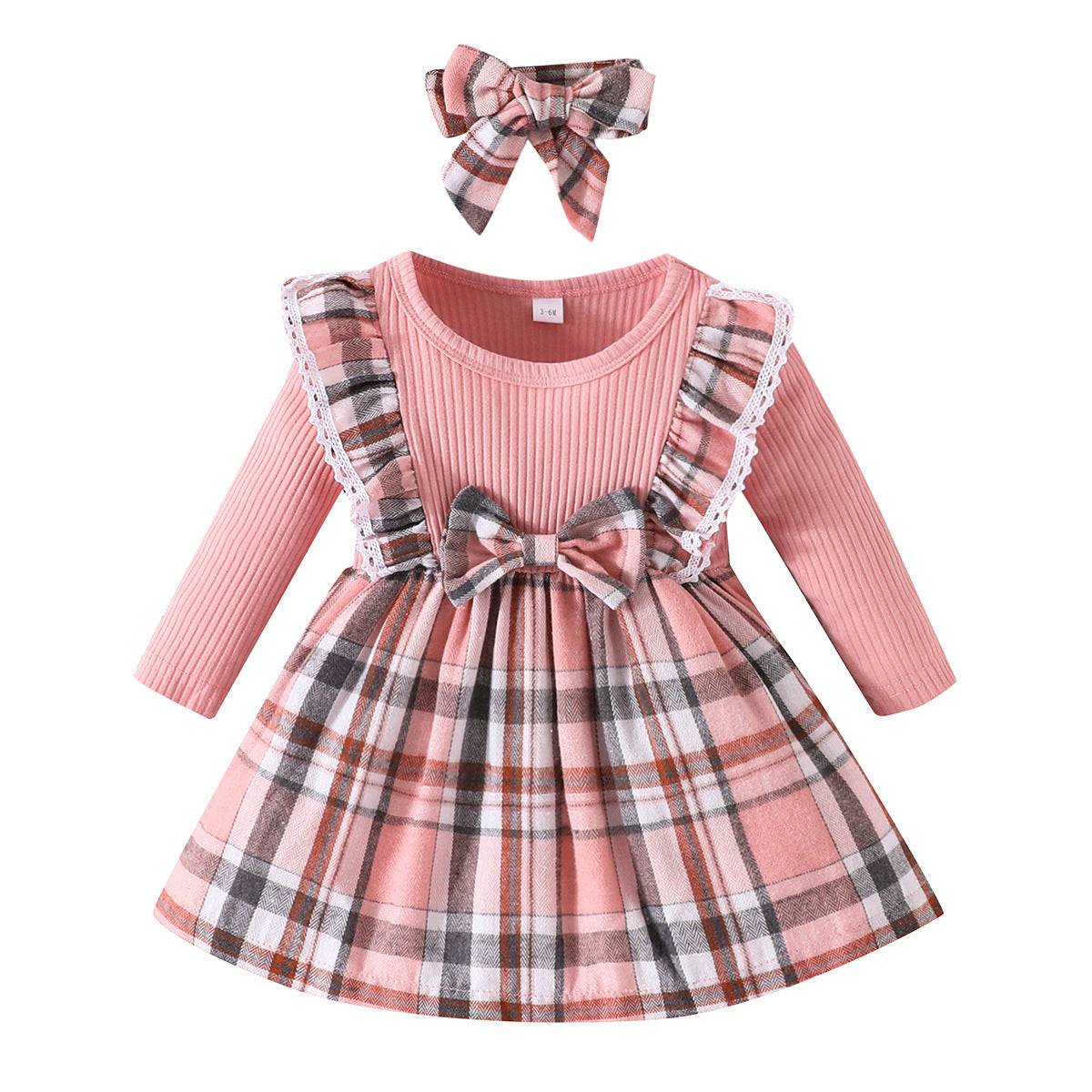 Girl's Christmas Style Plaid Long Sleeve Dress with Bow