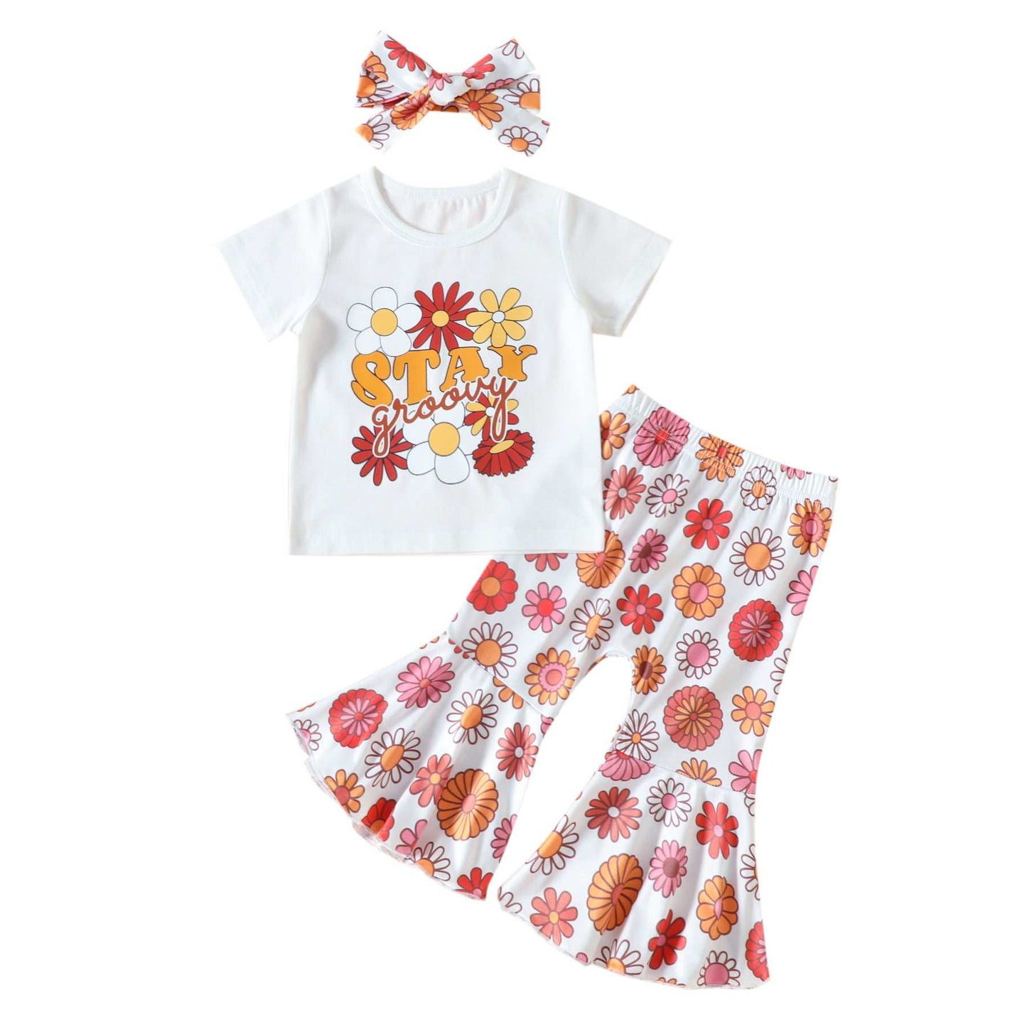 Girls Stay Groovy T-shirt With Floral Bell Bottom Pants