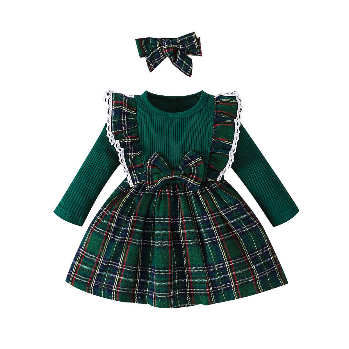 Girl's Christmas Style Plaid Long Sleeve Dress with Bow