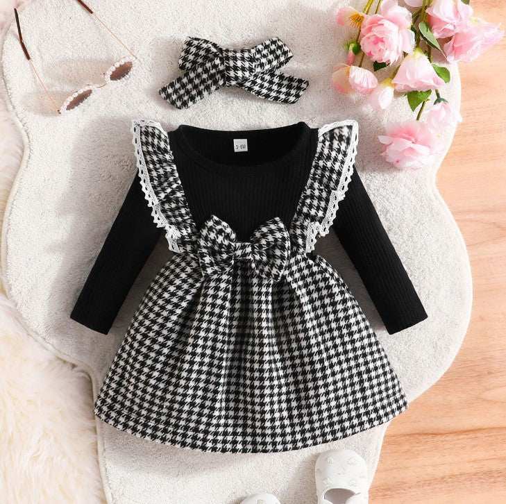 Girl's Christmas Style Plaid Long Sleeve Dress with Bow