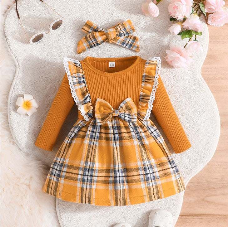 Girl's Christmas Style Plaid Long Sleeve Dress with Bow