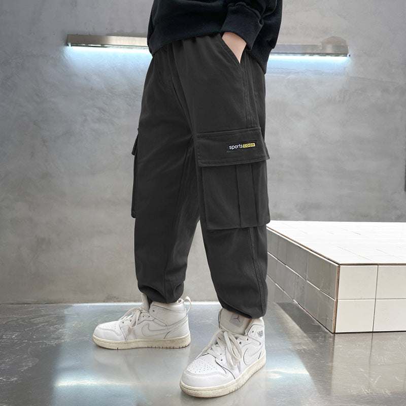 Autumn Multi-Pocket Cotton Solid Colored Loose Boys' Pants