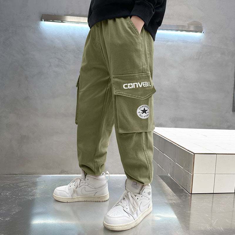 Autumn Multi-Pocket Cotton Solid Colored Loose Boys' Pants