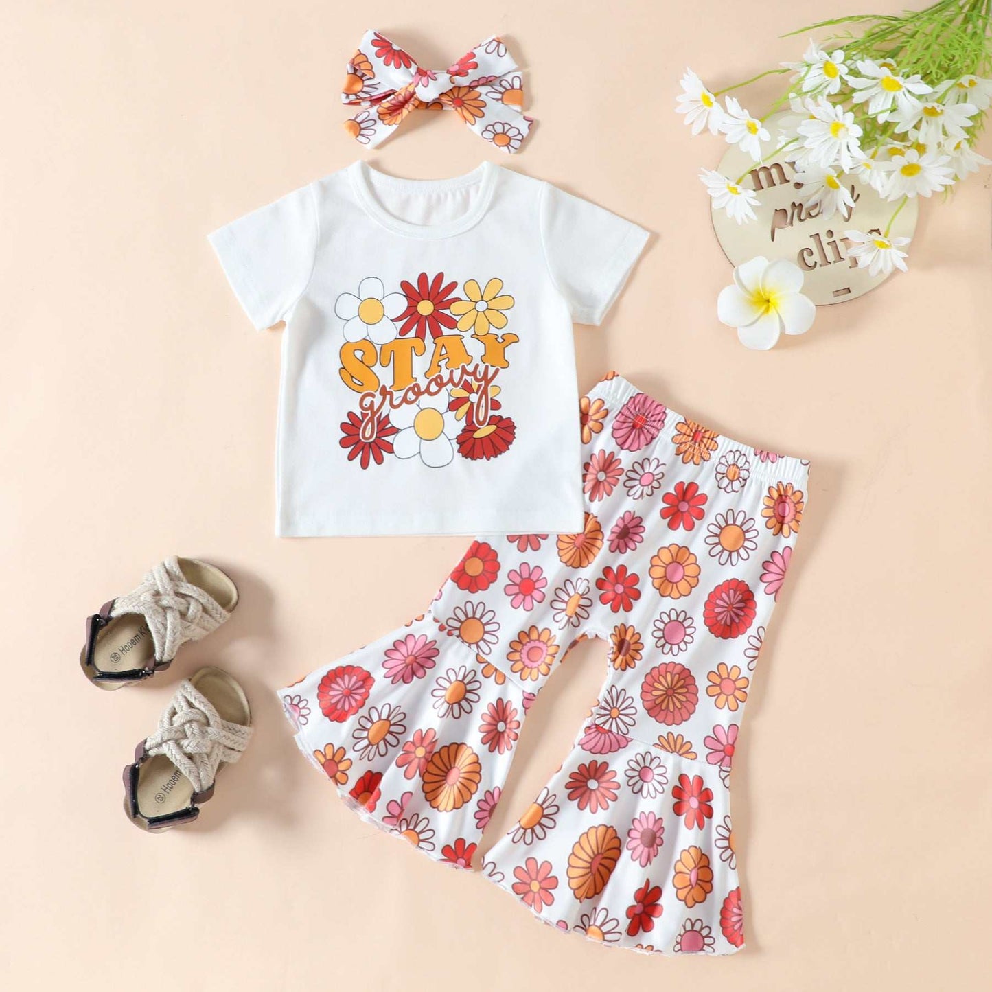 Girls Stay Groovy T-shirt With Floral Bell Bottom Pants