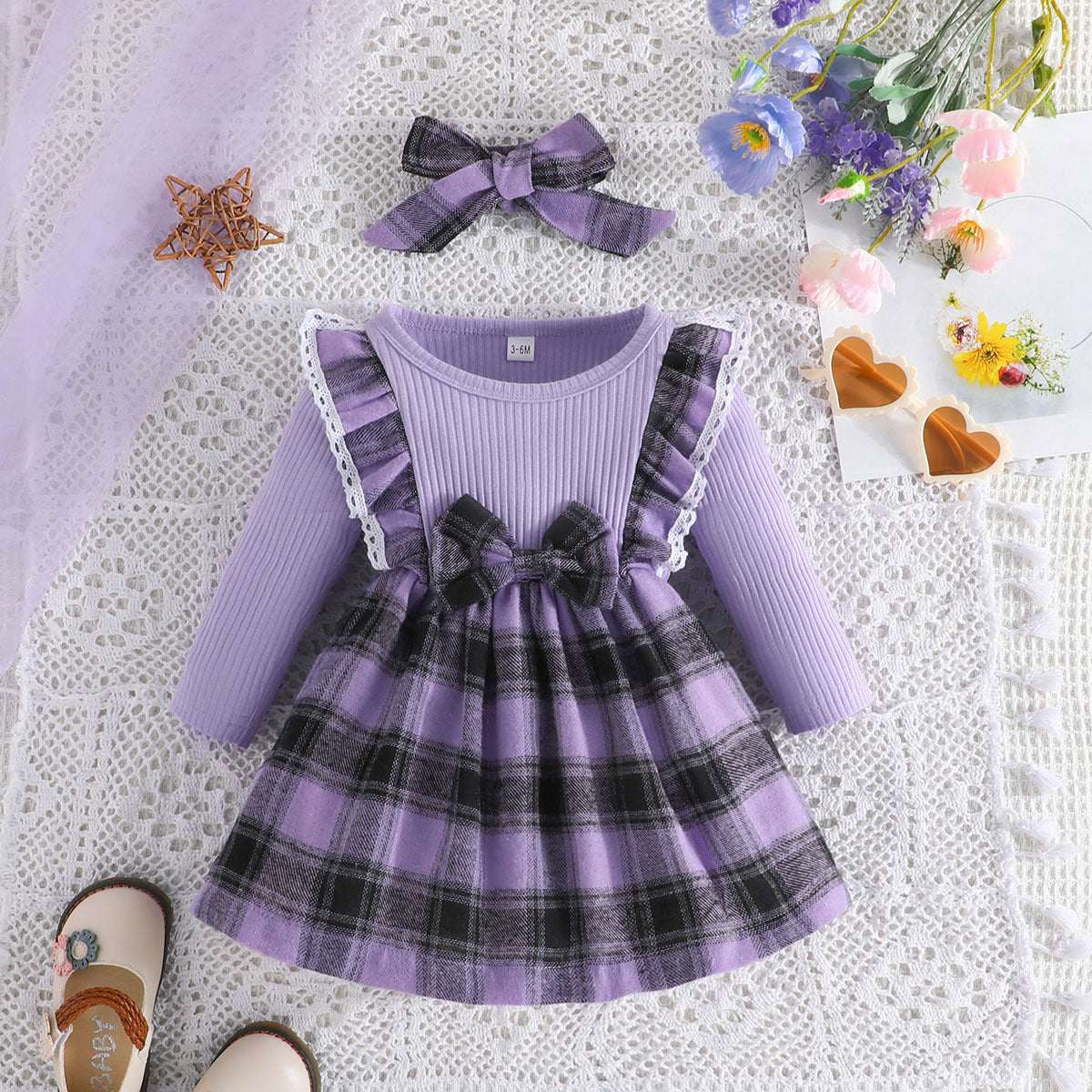 Girl's Christmas Style Plaid Long Sleeve Dress with Bow