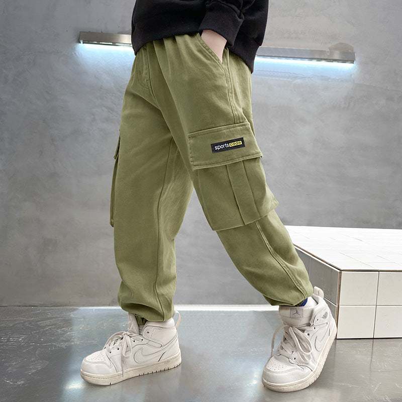 Autumn Multi-Pocket Cotton Solid Colored Loose Boys' Pants