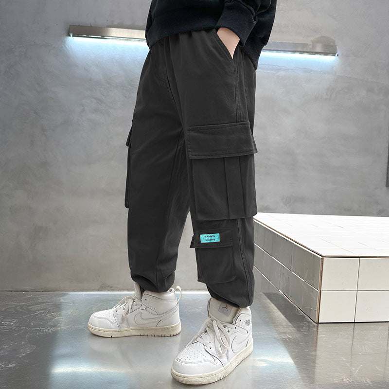 Autumn Multi-Pocket Cotton Solid Colored Loose Boys' Pants