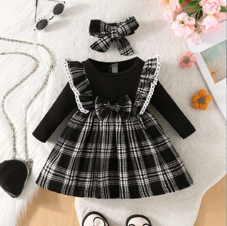Girl's Christmas Style Plaid Long Sleeve Dress with Bow