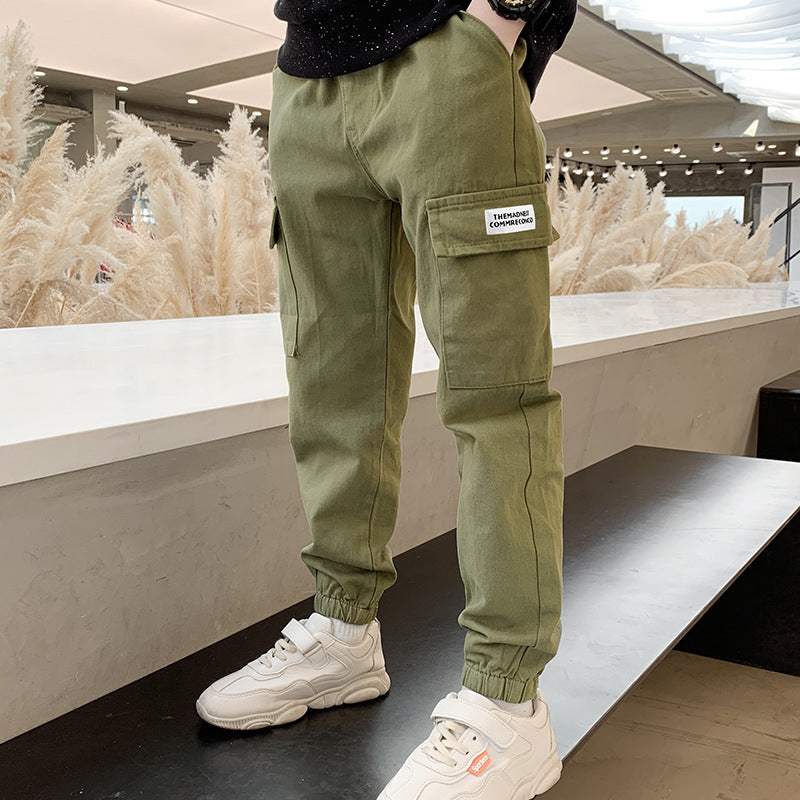 Autumn Multi-Pocket Cotton Solid Colored Loose Boys' Pants
