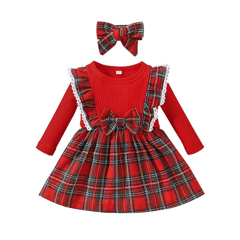 Girl's Christmas Style Plaid Long Sleeve Dress with Bow