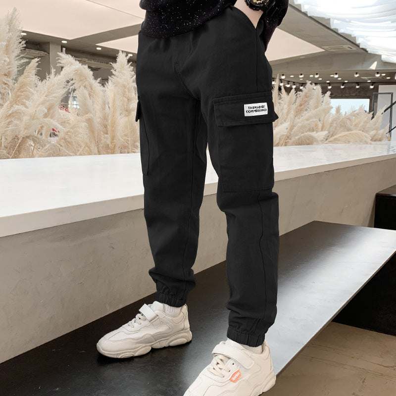 Autumn Multi-Pocket Cotton Solid Colored Loose Boys' Pants